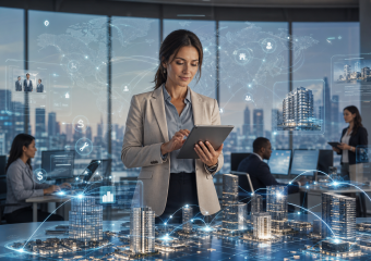 Businesswoman using a tablet amid a digital city model, world map, and connected data networks