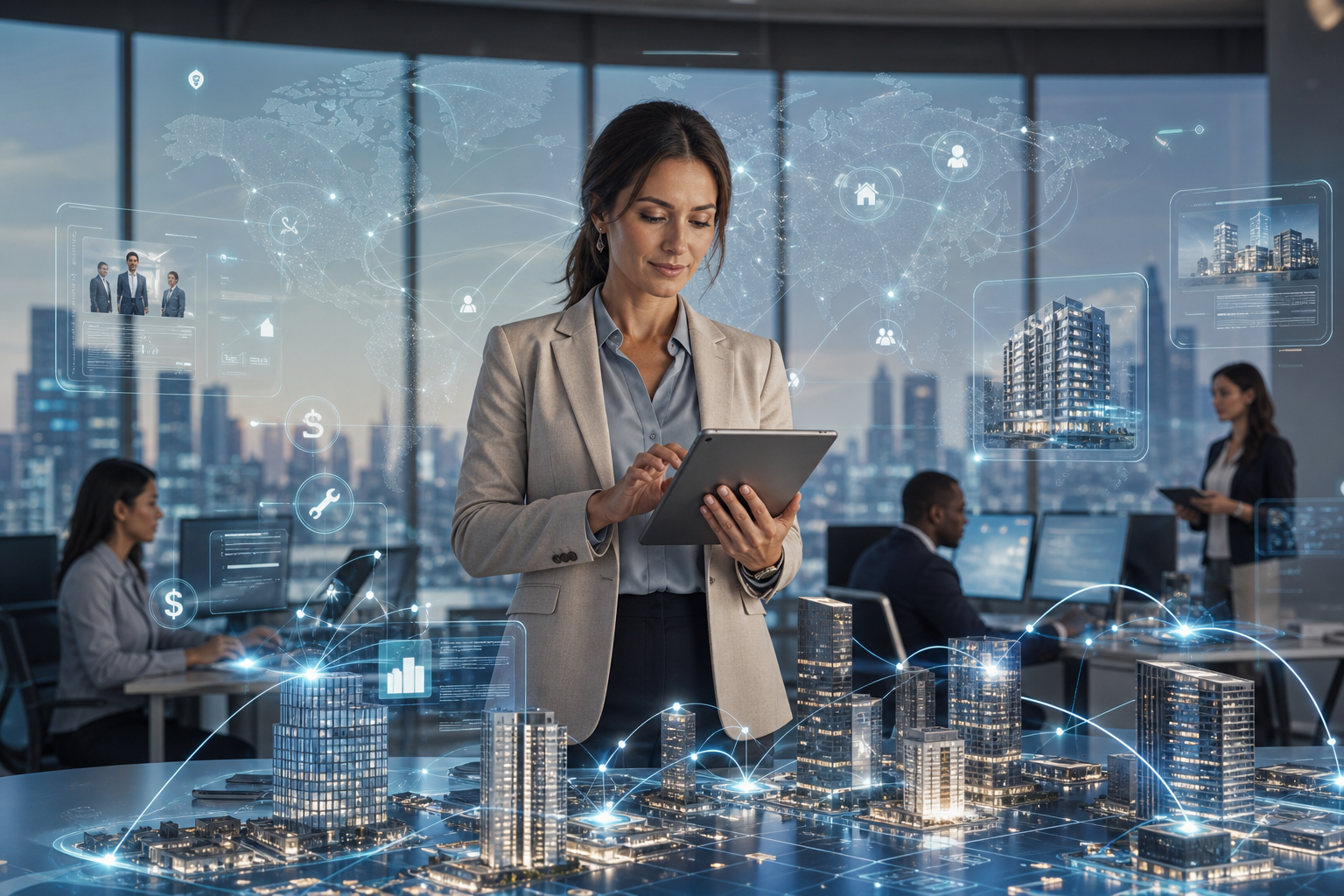 Businesswoman using a tablet amid a digital city model, world map, and connected data networks