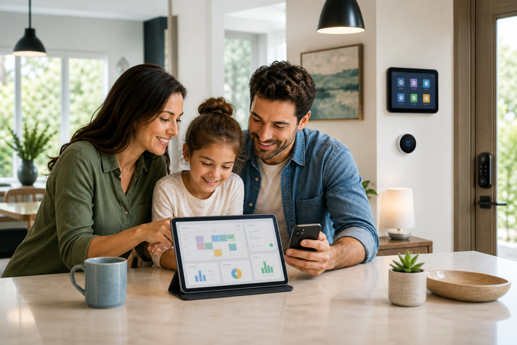 Family viewing a tablet displaying a home management dashboard, with smart home controls on the wall behind them