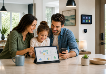 Family viewing a tablet displaying a home management dashboard, with smart home controls on the wall behind them