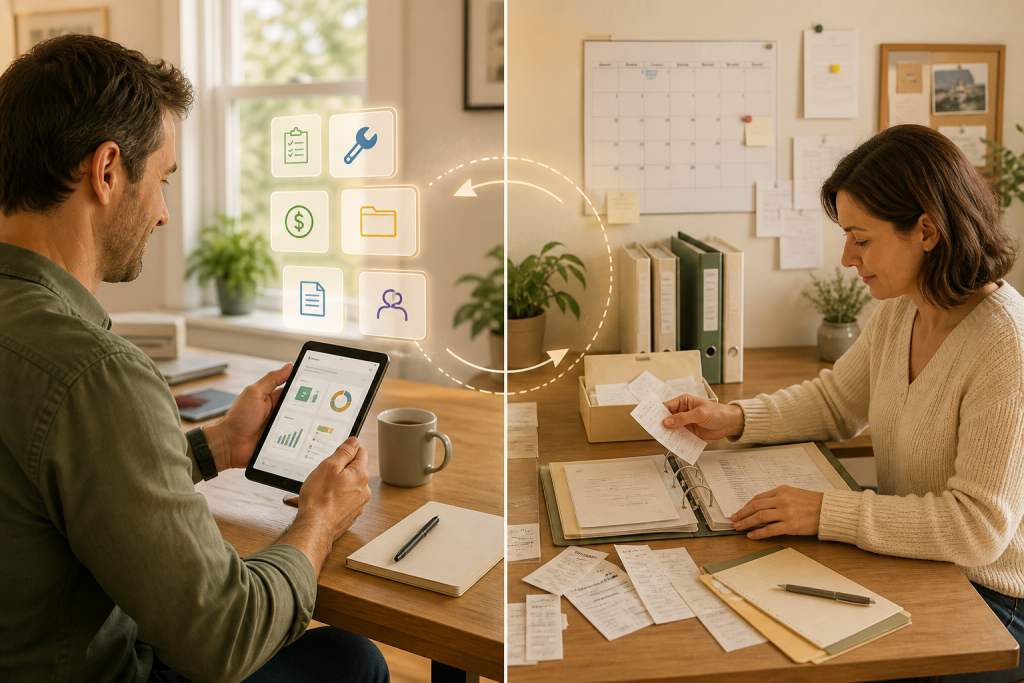 Split scene contrasting digital workflow management on a tablet with paper-based record keeping at a desk