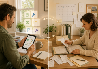 Split scene contrasting digital workflow management on a tablet with paper-based record keeping at a desk