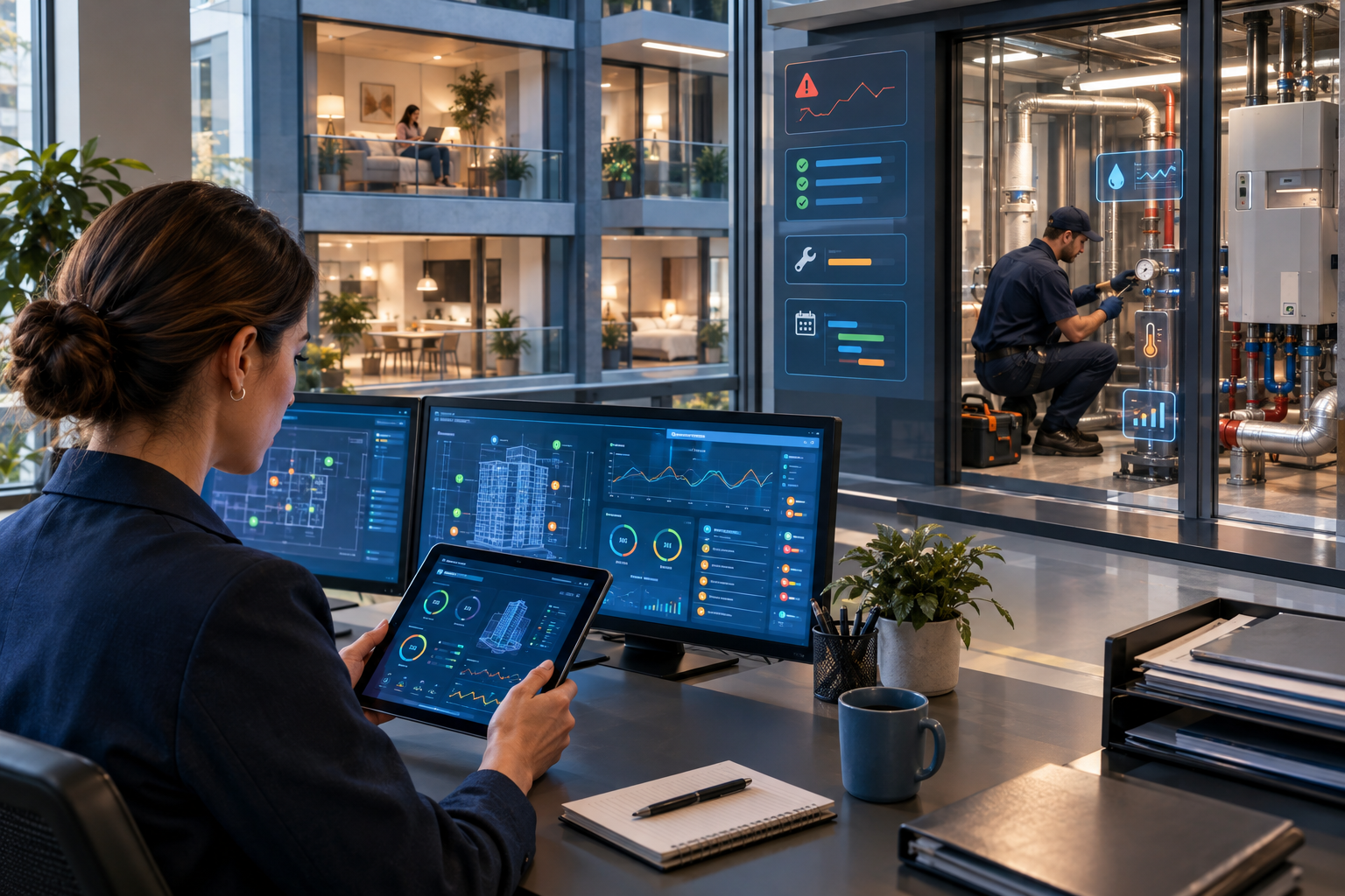 Create a polished editorial-style scene showing a property manager in a modern apartment building’s maintenance control room, reviewing a tablet with abstract, non-readable AI analytics and building-system indicators. Through a glass wall, show several apartment units and a qualified technician inspecting a pipe and heating equipment, with subtle visual cues of water flow, temperature, and equipment performance being monitored. Convey early problem detection, organized work orders, budget-conscious planning, and efficient coordination without suggesting total automation. Emphasize collaboration between technology and human expertise, realistic professional setting, clean contemporary architecture, natural light, trustworthy and practical mood, sophisticated blue and warm neutral color palette, cinematic yet natural composition, high detail, no readable text, no logos, no branding, no watermark.